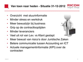 Van toen naar heden - Situatie 31-12-2012
• Overzicht met stuurinformatie
• Minder stress en werkdruk
• Meer bewustzijn bij business
• Grip op de contractlooptijden
• Minder leveranciers
• Veel uit rol van Lev. vs Klant gestapt
• Meer bewust van risico’s door Juridische Zaken
• Betere communicatie tussen Accounting en ICT
• Actuele managementinformatie (KPI) over de
contracten
3626/06/2013
 