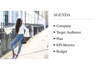 AGENDA
➤ Company
➤ Target Audience
➤ Plan
➤ KPI-Metrics
➤ Budget
 