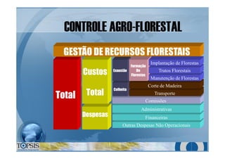 Outras Despesas Não Operacionais
Financeiras
Administrativas
Comissões
Colheita
Transporte
Corte de Madeira
Exaustão
CONTROLE AGROCONTROLE AGRO--FLORESTALFLORESTAL
Despesas
Custos
TotalTotal
Manutenção de Florestas
Tratos Florestais
Implantação de Florestas
Custo FlorestalCusto Florestal
Exaustão
Custo FlorestalCusto Florestal
Colheita
Exaustão
Custo FlorestalCusto Florestal
Corte de Madeira
Colheita
Exaustão
Custo FlorestalCusto Florestal
Transporte
Corte de Madeira
Colheita
Exaustão
Custo FlorestalCusto Florestal
Comissões
Transporte
Corte de Madeira
Colheita
Exaustão
Custo FlorestalCusto Florestal
Total Comissões
Transporte
Corte de Madeira
Colheita
Exaustão
GESTÃO DE RECURSOS FLORESTAISGESTÃO DE RECURSOS FLORESTAIS
Transporte
Corte de Madeira
Manutenção de FlorestasManutenção de Florestas
Tratos Florestais
Implantação de Florestas
Formação
De
Florestas
Implantação de Florestas
Tratos Florestais
Implantação de Florestas
Manutenção de Florestas
Tratos Florestais
Implantação de Florestas
 
