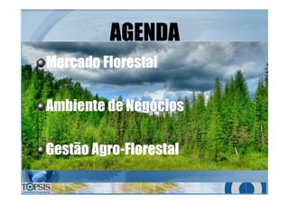 AGENDAAGENDA
MercadoMercado FlorestalFlorestal
AmbienteAmbiente dede NegóciosNegócios
GestãoGestão AgroAgro--FlorestalFlorestal
 