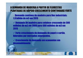 A DEMANDA DE MADEIRA A PARTIR DE FLORESTASA DEMANDA DE MADEIRA A PARTIR DE FLORESTAS
PLANTADAS DE RÁPIDO CRESCIMENTO CONTINUARÁ FORTEPLANTADAS DE RÁPIDO CRESCIMENTO CONTINUARÁ FORTE
FONTE: Rainer Hâggblom – Jaakko Pöyry
ü Demanda contínua de madeira para fins industriais:
1.9 bilhão de m3 em 2015
ü Demanda de madeira para celulose crescendo de 580
milhões de m3 em 2000 para 680 milhões de m3 em
2015
ü Forte crescimento da demanda de papel e cartão,
liderados por mercados emergentes.
ü Crescimento da demanda em economias em
desenvolvimento
 