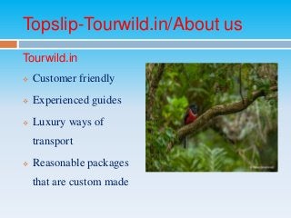 Topslip-Tourwild.in/About us
Tourwild.in
 Customer friendly
 Experienced guides
 Luxury ways of
transport
 Reasonable packages
that are custom made
 