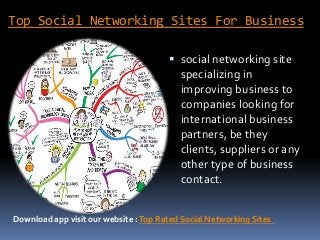 Top Social Networking Sites For Business
 social networking site
specializing in
improving business to
companies looking for
international business
partners, be they
clients, suppliers or any
other type of business
contact.
Download app visit our website :Top Rated Social Networking Sites
 
