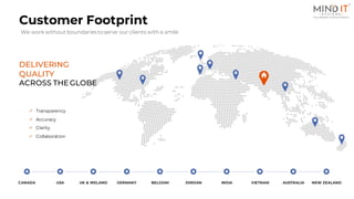 Customer Footprint
We workwithout boundariesto serve our clients with a smile
DELIVERING
QUALITY
ACROSS THEGLOBE
✓ Transparency
✓ Accuracy
✓ Clarity
✓ Collaboration
CANADA USA UK & IRELAND GERMANY BELGIUM JORDAN INDIA VIETNAM AUSTRALIA NEW ZEALAND
 