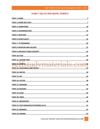 TOP TOPICS FOR IELTS SPEAKING PART 1 WITH ANSWERS 2017 | PDF
