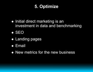 5. Optimize Initial direct marketing is an investment in data and benchmarking SEO Landing pages Email New metrics for the new business 