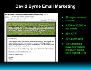 David Byrne Email Marketing Strongest revenue channel 3,000 to 30,000 in two weeks 28% CTR 13% purchased Tip: Streaming players or widget images in emails have highest CTR 