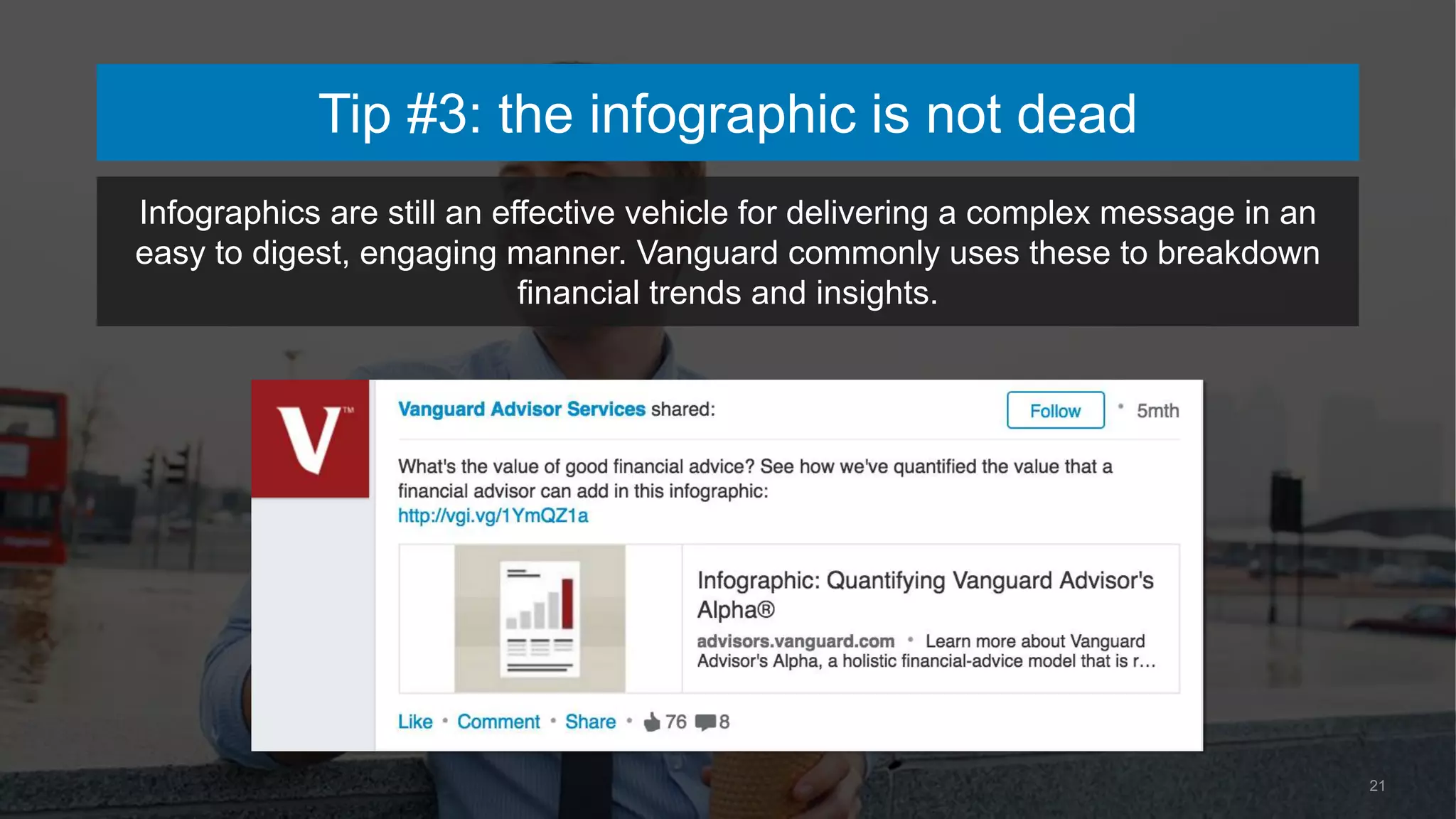 21
Infographics are still an effective vehicle for delivering a complex message in an
easy to digest, engaging manner. Vanguard commonly uses these to breakdown
financial trends and insights.
Tip #3: the infographic is not dead
 