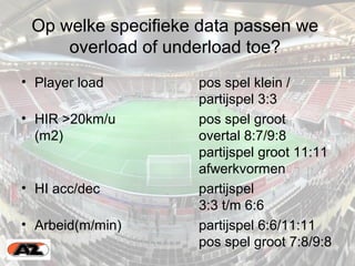 Op welke specifieke data passen we
overload of underload toe?
• Player load pos spel klein /
partijspel 3:3
• HIR >20km/u pos spel groot
(m2) overtal 8:7/9:8
partijspel groot 11:11
afwerkvormen
• HI acc/dec partijspel
3:3 t/m 6:6
• Arbeid(m/min) partijspel 6:6/11:11
pos spel groot 7:8/9:8
 