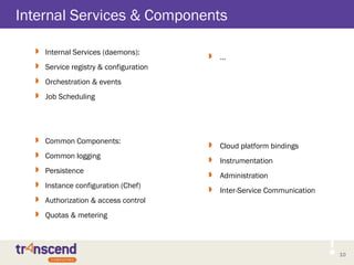 10
Internal Services & Components
 Internal Services (daemons):
 Service registry & configuration
 Orchestration & events
 Job Scheduling
 Common Components:
 Common logging
 Persistence
 Instance configuration (Chef)
 Authorization & access control
 Quotas & metering
 …
 Cloud platform bindings
 Instrumentation
 Administration
 Inter-Service Communication
 