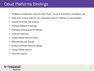 26
Cloud Platforms Bindings
 TopStack configuration requires cloud “flavor” as input; OpenStack, Eucalyptus, etc.
 IaaS cloud must provide the core operations used by TopStack (or equivalents):
 Create/Terminate VM Instance
 Allocate/Release IP Address
 Associate/Disassociate IP Address
 Describe Instances
 Create/Delete Security Group
 Describe Security Groups
 Authorize/Revoke Security Ingress
 Create/Delete Volume
 Describe Volume
 