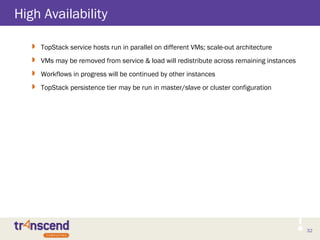 32
High Availability
 TopStack service hosts run in parallel on different VMs; scale-out architecture
 VMs may be removed from service & load will redistribute across remaining instances
 Workflows in progress will be continued by other instances
 TopStack persistence tier may be run in master/slave or cluster configuration
 
