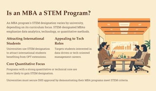 Is an MBA a STEM Program?
An MBA program's STEM designation varies by university,
depending on its curriculum focus. STEM-designated MBAs
emphasize data analytics, technology, or quantitative methods.
Attracting International
Students
Universities use STEM designation
to attract international students
benefiting from OPT extensions.
Appealing to Tech
Roles
Targets students interested in
data-driven or tech-oriented
management careers.
Core Quantitative Focus
Programs with a strong quantitative or technical core are
more likely to gain STEM designation.
Universities must secure DHS approval by demonstrating their MBA programs meet STEM criteria.
 