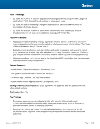 Near-Term Flags:
■ By YE17, the number of branded applications realizing growth in average monthly usage will
decline from YE16; this decline will continue in subsequent years.
■ By YE18, the cost of marketing a nongame application as a function of the number of
downloads will at least double.
■ By YE18, the average number of applications installed and used regularly by an adult
smartphone owner will cease to increase and subsequently remain flat.
Recommendations:
■ Assess your mobile marketing strategy against the "mobile-centric" and "mobile-extender"
types to evaluate whether your mobile marketing efforts are correctly prioritized (see "Two Types
of Mobile Marketers: Which One Are You?").
■ Evaluate emerging solutions, such as mobile wallet cards, progressive web apps and instant
apps, to determine whether they offer a level of functionality that merits investment. Perform a
gap analysis between this level of functionality and that offered by your existing application(s).
■ Measure overall app performance against the foundational ROI calculations that you developed
to justify the launch of your application.
Related Research:
"Hype Cycle for Digital Marketing and Advertising, 2016"
"Two Types of Mobile Marketers: Which One Are You?"
"The Mobile App Dilemma: One App Versus Many"
"Hype Cycle for Mobile Applications and Development, 2016"
Strategic Planning Assumption: By 2020, algorithms will positively alter the behavior of over 1
billion global workers.
Analysis by: Gavin Tay
Key Findings:
■ Employees, as consumers, are already familiar with behavior influencing through
contextualization algorithms introduced by e-commerce companies, such as Amazon, to
profitably influence billions of shopping decisions.
■ Advanced algorithms are intersecting with behavioral insights from psychology, social
neuroscience and cognitive science to positively or negatively reinforce desired behavioral
outcomes.
Gartner, Inc. | G00315910 Page 11 of 29
 