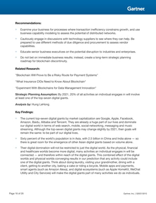 Recommendations:
■ Examine your business for processes where transaction inefficiency constrains growth, and use
business capability modeling to assess the potential of distributed networks.
■ Cautiously engage in discussions with technology suppliers to see where they can help. Be
prepared to use different methods of due diligence and procurement to assess vendor
capabilities.
■ Educate senior business executives on the potential disruption to industries and enterprises.
■ Do not bet on immediate business results; instead, create a long-term strategic planning
roadmap for blockchain discontinuity.
Related Research:
"Blockchain Will Prove to Be a Risky Route for Payment Systems"
"What Insurance CIOs Need to Know About Blockchain"
"Experiment With Blockchains for Data Management Innovation"
Strategic Planning Assumption: By 2021, 20% of all activities an individual engages in will involve
at least one of the top-seven digital giants.
Analysis by: Hung LeHong
Key Findings:
■ The current top-seven digital giants by market capitalization are Google, Apple, Facebook,
Amazon, Baidu, Alibaba and Tencent. They are already a huge part of our lives and dominate
our digital world in terms of web search, mobile, social networking, messaging and music
streaming. Although the top-seven digital giants may change slightly by 2021, their goals will
remain the same: to be part of our digital lives.
■ Sixty percent of the world's population is in Asia, with 2.5 billion in China and India alone — so
there is great room for the emergence of other Asian digital giants based on volume alone.
■ Their digital domination will not be restricted to just the digital world. As the physical, financial
and healthcare worlds become more digital, many activities an individual engages in will be
connected — and therefore within reach of the digital giants. This combined effect of the digital
worlds and physical worlds converging results in our prediction that any activity could include
one of the digital giants. Think about doing laundry, visiting your grandmother, dining with a
client, getting to another city, baking a cake or riding a bicycle. Mobile apps and payments,
smart agents (such as Amazon Alexa), and digital ecosystems (such as Apple HomeKit, WeChat
Utility and City Services) will make the digital giants part of many activities we do as individuals.
Page 16 of 29 Gartner, Inc. | G00315910
 