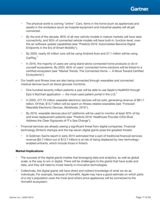 ■ The physical world is coming "online": Cars, items in the home (such as appliances) and
assets in the workplace (such as hospital equipment and industrial assets) will all get
connected.
■ By the end of the decade, 80% of all new vehicle models in mature markets will have data
connectivity, and 30% of connected vehicle models will have built-in, function-level, over-
the-air software update capabilities (see "Predicts 2016: Automobiles Become Digital
Endpoints in the Era of Smart Mobility").
■ By 2020, nearly 40 million cars will be using Android Auto and 37.1 million will be using
CarPlay.
3
■ In 2016, the majority of users are using stand-alone connected home products or do-it-
yourself ecosystems. By 2020, 85% of users' connected home solutions will be linked to a
certified ecosystem (see "Market Trends: The Connected Home — A Move Toward Certified
Ecosystems").
■ Our health and fitness lives are also being connected through wearables and connected
medical devices (such as blood glucose monitors).
■ One hundred seventy million patients a year will be able to use Apple's HealthKit through
Epic's MyChart application — the most-used patient portal in the U.S.
4
■ In 2020, 477.75 million wearable electronic devices will be sold, generating revenue of $61.7
billion. Of that, $13.7 billion will be spent on fitness-related wearables (see "Forecast:
Wearable Electronic Devices, Worldwide, 2016").
■ By 2019, wearable devices plus IoT platforms will be used to monitor at least 30% of hip
and knee replacement patients (see "Predicts 2016: Healthcare Provider CIOs Must
Address the Clear Signposts of IT's Sea Change").
■ Financial services are already seeing a significant threat from digital companies. Financial
technology (fintech) startups and the top-seven digital giants pose the greatest threats:
■ A Goldman Sachs report in early 2015 estimated that a part of traditional financial services
revenue ($4.7 trillion out of $13.7 trillion) is at risk of being displaced by new technology-
enabled entrants, which include those in fintech.
Market Implications:
■ The success of the digital giants implies that leveraging data and analytics, as well as global
scale, is the way to win in digital. There will be challengers to the giants that have scale and
data, and they will need to invest heavily in innovative technologies.
■ Collectively, the digital giants will have direct and indirect knowledge of what we do as
individuals. For example, because of HomeKit, Apple may have a good estimate on which parts
of a city's population cook the most (and when) since appliances will be connected to the
HomeKit ecosystem.
Gartner, Inc. | G00315910 Page 17 of 29
 