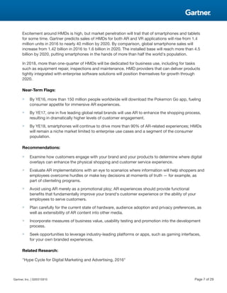 Excitement around HMDs is high, but market penetration will trail that of smartphones and tablets
for some time. Gartner predicts sales of HMDs for both AR and VR applications will rise from 1.4
million units in 2016 to nearly 40 million by 2020. By comparison, global smartphone sales will
increase from 1.42 billion in 2016 to 1.6 billion in 2020. The installed base will reach more than 4.5
billion by 2020, putting smartphones in the hands of more than half the world's population.
In 2018, more than one-quarter of HMDs will be dedicated for business use, including for tasks
such as equipment repair, inspections and maintenance. HMD providers that can deliver products
tightly integrated with enterprise software solutions will position themselves for growth through
2020.
Near-Term Flags:
■ By YE16, more than 150 million people worldwide will download the Pokemon Go app, fueling
consumer appetite for immersive AR experiences.
■ By YE17, one in five leading global retail brands will use AR to enhance the shopping process,
resulting in dramatically higher levels of customer engagement.
■ By YE18, smartphones will continue to drive more than 90% of AR-related experiences; HMDs
will remain a niche market limited to enterprise use cases and a segment of the consumer
population.
Recommendations:
■ Examine how customers engage with your brand and your products to determine where digital
overlays can enhance the physical shopping and customer service experience.
■ Evaluate AR implementations with an eye to scenarios where information will help shoppers and
employees overcome hurdles or make key decisions at moments of truth — for example, as
part of clienteling programs.
■ Avoid using AR merely as a promotional ploy; AR experiences should provide functional
benefits that fundamentally improve your brand's customer experience or the ability of your
employees to serve customers.
■ Plan carefully for the current state of hardware, audience adoption and privacy preferences, as
well as extensibility of AR content into other media.
■ Incorporate measures of business value, usability testing and promotion into the development
process.
■ Seek opportunities to leverage industry-leading platforms or apps, such as gaming interfaces,
for your own branded experiences.
Related Research:
"Hype Cycle for Digital Marketing and Advertising, 2016"
Gartner, Inc. | G00315910 Page 7 of 29
 