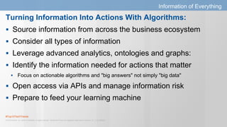 #Top10TechTrends
© 2015 Gartner, Inc. and/or its affiliates. All rights reserved. Gartner and ITxpo are registered trademarks of Gartner, Inc. or it's affiliates.
Information of Everything
 Source information from across the business ecosystem
 Consider all types of information
 Leverage advanced analytics, ontologies and graphs:
 Identify the information needed for actions that matter
 Focus on actionable algorithms and "big answers" not simply "big data"
 Open access via APIs and manage information risk
 Prepare to feed your learning machine
Turning Information Into Actions With Algorithms:
 