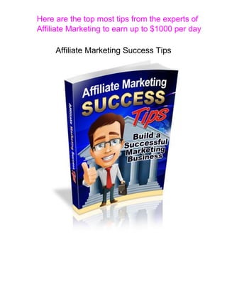 Affiliate Marketing Success Tips
Here are the top most tips from the experts of
Affiliate Marketing to earn up to $1000 per day
 