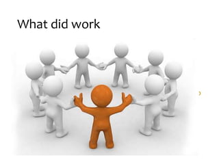 What did work
Best practices for running programme – facilitation,
organisation, experienced staff setting expectations
Context – previous Top Talent, need to develop leaders
Common themes/challenges across public sector – desire to
learn from each other
Opportunities for leaders to emerge
 