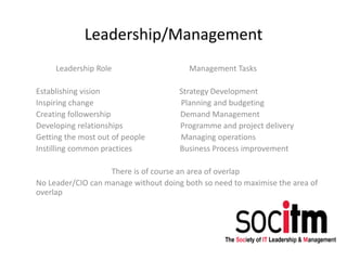 Leadership/Management
Leadership Role Management Tasks
Establishing vision Strategy Development
Inspiring change Planning and budgeting
Creating followership Demand Management
Developing relationships Programme and project delivery
Getting the most out of people Managing operations
Instilling common practices Business Process improvement
There is of course an area of overlap
No Leader/CIO can manage without doing both so need to maximise the area of
overlap
 