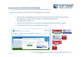 TopTarif steht für SPAREN BEI VERTRÄGEN.

• TopTarif ist das Verbraucherportal für Tarifvergleiche im Internet


               • TopTarif zeigt unabhängig und kostenlos Einsparpotenziale bei Vertragsprodukten in
                 den Kategorien Energie, Versicherungen, Telekommunikation und
                 Finanzdienstleistungen auf
               • TopTarif hilft Verbrauchern durch den Vertragswechsel Geld und Zeit zu sparen
               • TopTarif steht Verbrauchern mit Rat & Tat zur Seite




  03.04.2013                                      www.toptarif.de                                     2
 