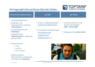 Bei Fragen gibt‘s Rat und Tat per Mail oder Telefon.

Rat & Tat beim Anbieterwechsel…             …per Mail                           …per Telefon


… durch Kundenservice:
• bietet Neu- und                 • für Neu- und Bestandskunden:      • kostenfreie Hotline für alle
  Bestandskunden zusätzliche        kundenservice@toptarif.de           Kunden bzw. Anfragen:
  Informationen                                                         0800 - 10 30 49 800
• ist Ansprechpartner bei         • bei speziellen Produktanfragen:
  Rückfragen                                                          • Montag bis Freitag 8 bis 20 Uhr
                                    strom@toptarif.de
• unterstützt beim
                                    gas@toptarif.de
  Anbieterwechsel – telefonisch
  oder per Mail                     kfz@toptarif.de etc.


• Anbieterwechsel
      • online
      • postalisch
      • per Fax möglich


• Anbietervergleich,
  Wechselprozess und Beratung
  für Verbraucher kostenfrei
  03.04.2013                                www.toptarif.de                                            7
 