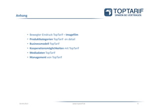 Anhang




         • Bewegter Eindruck TopTarif – Imagefilm
         • Produktkategorien TopTarif en detail
         • Businessmodell TopTarif
         • Kooperationsmöglichkeiten mit TopTarif
         • Mediadaten TopTarif
         • Management von TopTarif




 03.04.2013                                 www.toptarif.de   9
 