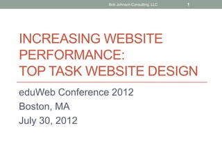 Bob Johnson Consulting, LLC   1




INCREASING WEBSITE
PERFORMANCE:
TOP TASK WEBSITE DESIGN
eduWeb Conference 2012
Boston, MA
July 30, 2012
 