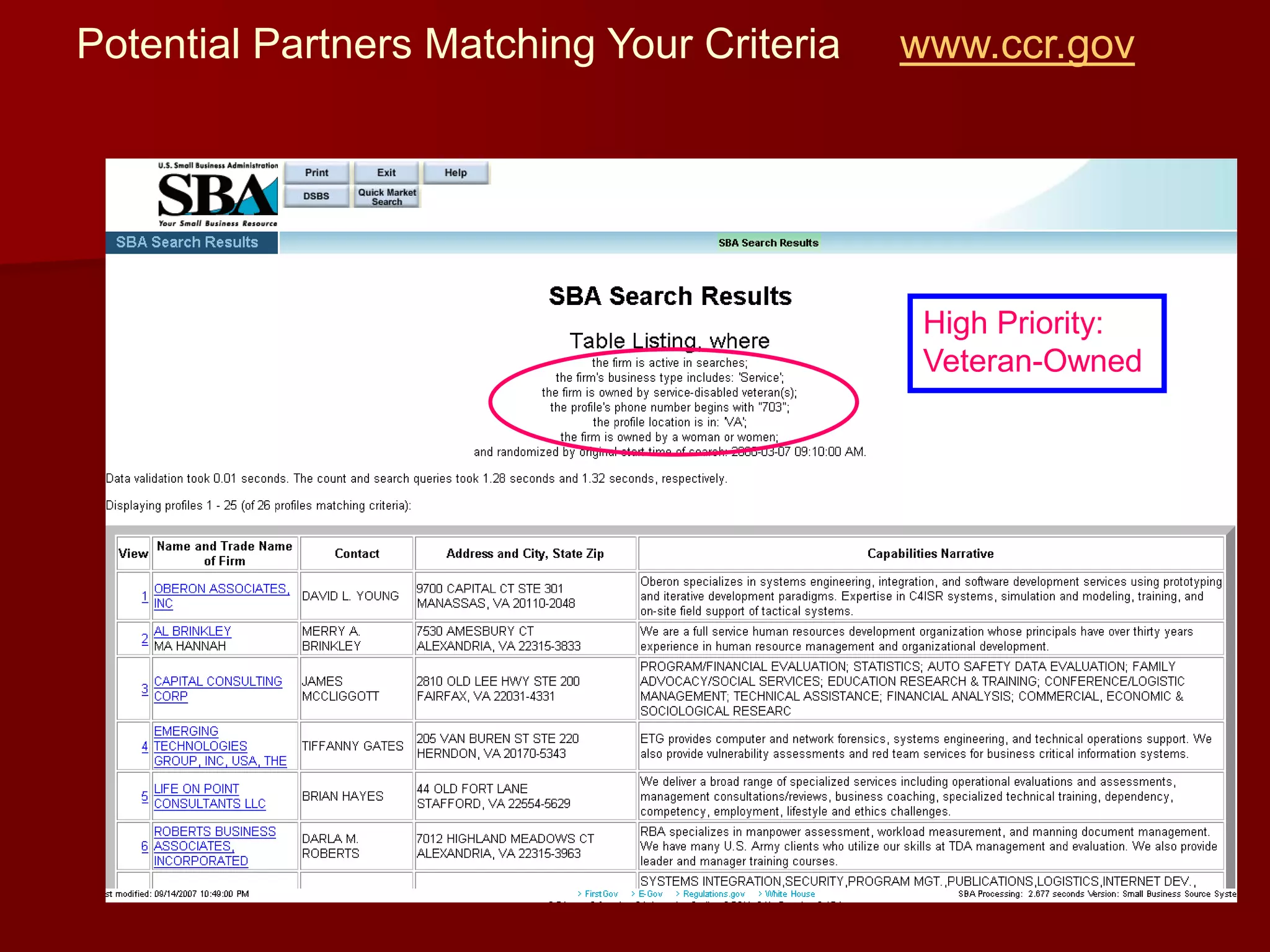 Potential Partners Matching Your Criteria   www.ccr.gov




                                             High Priority:
                                             Veteran-Owned
 