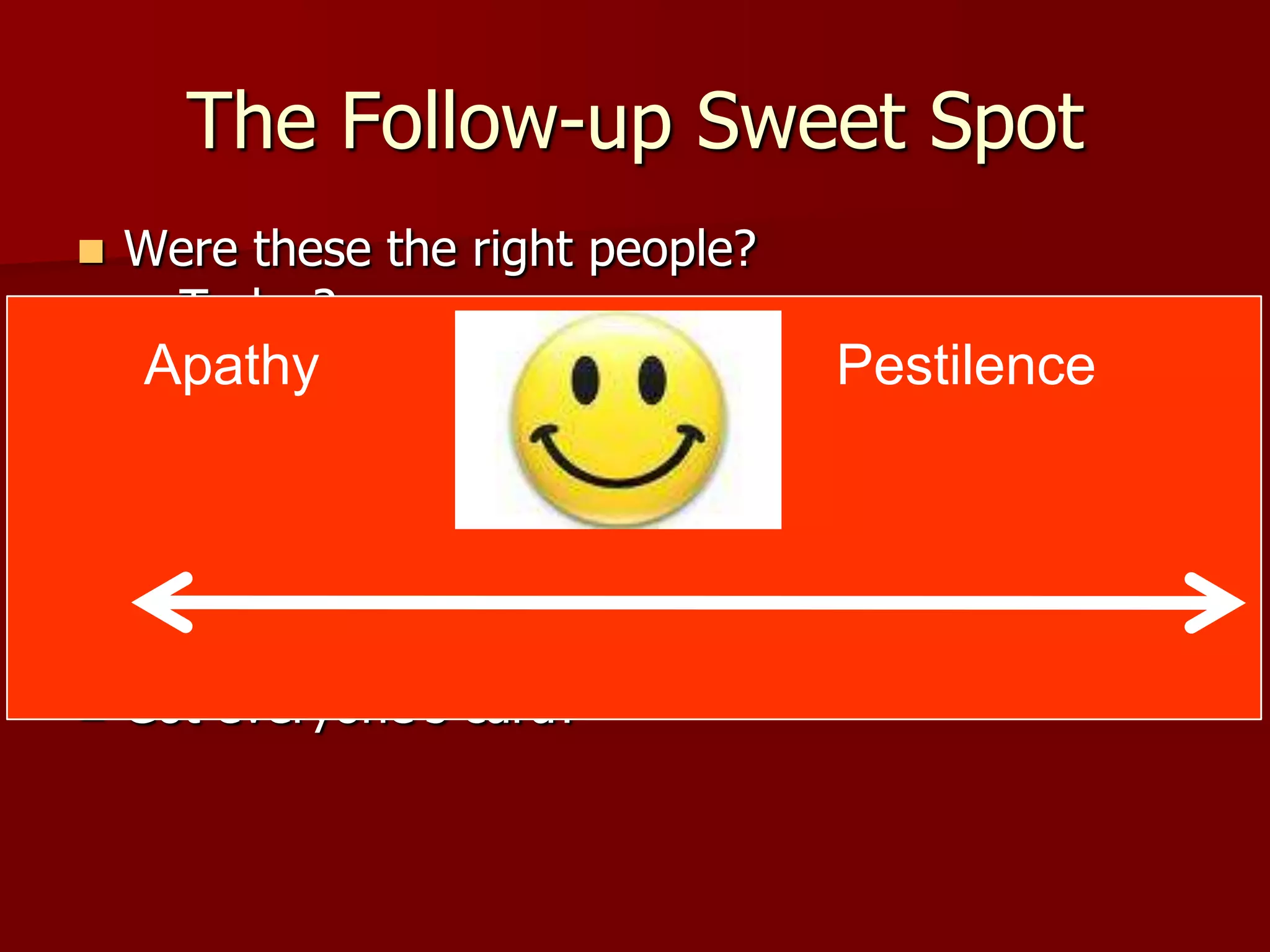 The Follow-up Sweet Spot
 Were these the right people?
  – Today?
  – Referral to someone else?
  Apathy                         Pestilence
 What questions remain?
    – Yours
    – Theirs
   When & how to follow-up?
   Need more materials?
   Got everyone’s card?
 