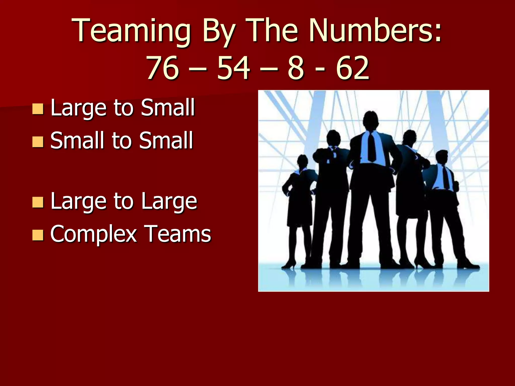 Teaming By The Numbers:
        76 – 54 – 8 - 62
 Large to Small
 Small to Small


 Large to Large
 Complex Teams
 