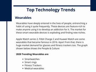 Top Technology Trends
Wearables have deeply entered in the lives of people, entrenching a
habit of using it quite frequently. These devices are feature-rich to
make anyone using it to develop an addiction for it. The market for
these smart wearable devices is exploding and finding new niches.
Wearables
Apple Watch series 2, Fitbit Charge 2 and Huawei Watch are some
wearables that became famous in 2016. Apart from that, there is
huge market demand for glasses and fitness trackers too. The graph
shown below shows the People & Culture
2020 Trending Wearables are
Smartwatches
Smart rings
Fitness Trackers
Medical wearables
 