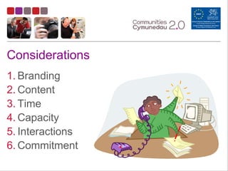 Considerations
1. Branding
2. Content
3. Time
4. Capacity
5. Interactions
6. Commitment
 