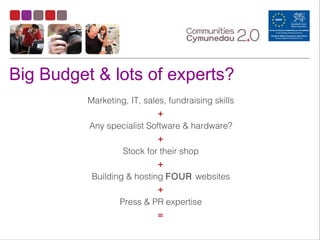 Marketing, IT, sales, fundraising skills
+
Any specialist Software & hardware?
+
Stock for their shop
+
Building & hosting FOUR websites
+
Press & PR expertise
=
Big Budget & lots of experts?
 