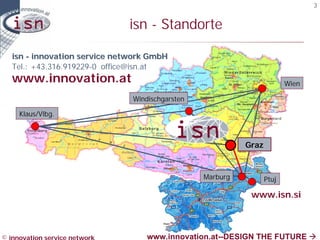 3


                               isn - Standorte

   isn - innovation service network GmbH
   Tel.: +43.316.919229-0 office@isn.at
   www.innovation.at                                                     Wien

                               Windischgarsten

     Klaus/Vlbg.



                                                           Graz


                                                 Marburg          Ptuj

                                                            www.isn.si



© innovation service network       www.innovation.at--DESIGN THE FUTURE à
 