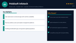 #9 Mobisoft Infotech
Houston, USA | Founded: 2010 | Speciality: On-Demand Healthcare Platforms
★★★★☆
4.4/5
Key Highlights
Uber-style doctor-on-demand apps with real-time availability
Pharmacy delivery and e-prescription management platforms
Multilingual telehealth apps serving diverse global populations
Why Choose?
Proven track record with enterprise clients
Agile development & on-time delivery
24/7 post-launch support & maintenance
Competitive pricing with transparent billing
 