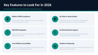 Key Features to Look For in 2026
Essential Capabilities of Top Telehealth Software Partners
🔒
HIPAA & GDPR Compliance
End-to-end encryption, audit logs, data residency options,
and role-based access control
📹
HD Video & Audio Quality
WebRTC-based communication with <200ms latency,
bandwidth adaptation, and group consultations
🔗
EHR/EMR Integration
Native connectors to Epic, Cerner, Athena, and FHIR API for
bidirectional data sync
🤖
AI Clinical Decision Support
NLP symptom analysis, drug interaction checks, and
evidence-based treatment suggestions
📲
Cross-Platform Accessibility
Native iOS, Android, and progressive web apps with offline
support and accessibility (WCAG 2.1)
📊
Analytics & Reporting
Real-time dashboards, outcome metrics, billing analytics, and
population health reporting
 