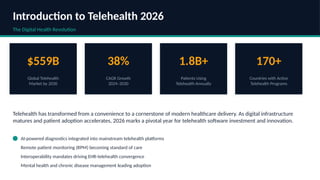 Introduction to Telehealth 2026
The Digital Health Revolution
$559B
Global Telehealth
Market by 2030
38%
CAGR Growth
2024–2030
1.8B+
Patients Using
Telehealth Annually
170+
Countries with Active
Telehealth Programs
Telehealth has transformed from a convenience to a cornerstone of modern healthcare delivery. As digital infrastructure
matures and patient adoption accelerates, 2026 marks a pivotal year for telehealth software investment and innovation.
AI-powered diagnostics integrated into mainstream telehealth platforms
Remote patient monitoring (RPM) becoming standard of care
Interoperability mandates driving EHR-telehealth convergence
Mental health and chronic disease management leading adoption
 