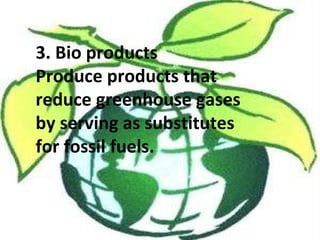 3. Bio products Produce products that reduce greenhouse gases by serving as substitutes for fossil fuels. 