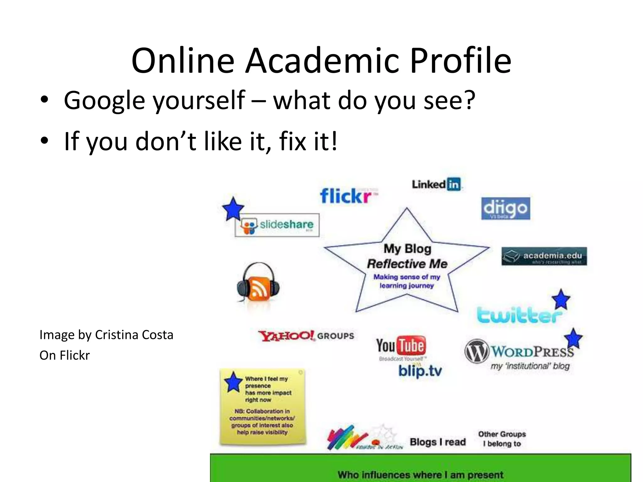 Online Academic Profile
• Google yourself – what do you see?
• If you don’t like it, fix it!




Image by Cristina Costa
On Flickr
 