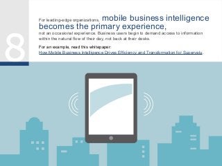 mobile business intelligence
becomes the primary experience,

For leading-edge organizations,

not an occasional experience. Business users begin to demand access to information
within the natural flow of their day, not back at their desks.

For an example, read this whitepaper:
How Mobile Business Intelligence Drives Efficiency and Transformation for Supervalu.

 