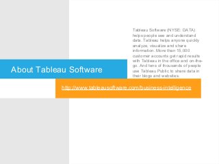 About Tableau Software

Tableau Software (NYSE: DATA)
helps people see and understand
data. Tableau helps anyone quickly
analyze, visualize and share
information. More than 15,000
customer accounts get rapid results
with Tableau in the office and on-thego. And tens of thousands of people
use Tableau Public to share data in
their blogs and websites.

http://www.tableausoftware.com/business-intelligence

 