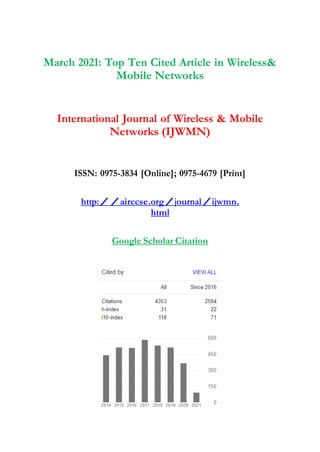 March 2021: Top Ten Cited Article in Wireless&
Mobile Networks
International Journal of Wireless & Mobile
Networks (IJWMN)
ISSN: 0975-3834 [Online]; 0975-4679 [Print]
http://airccse.org/journal/ijwmn.
html
Google Scholar Citation
 