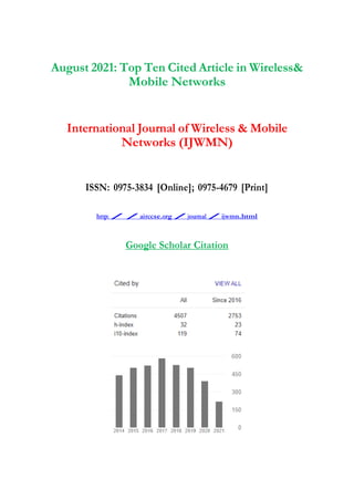 August 2021: Top Ten Cited Article in Wireless&
Mobile Networks
International Journal of Wireless & Mobile
Networks (IJWMN)
ISSN: 0975-3834 [Online]; 0975-4679 [Print]
http://airccse.org/journal/ijwmn.html
Google Scholar Citation
 