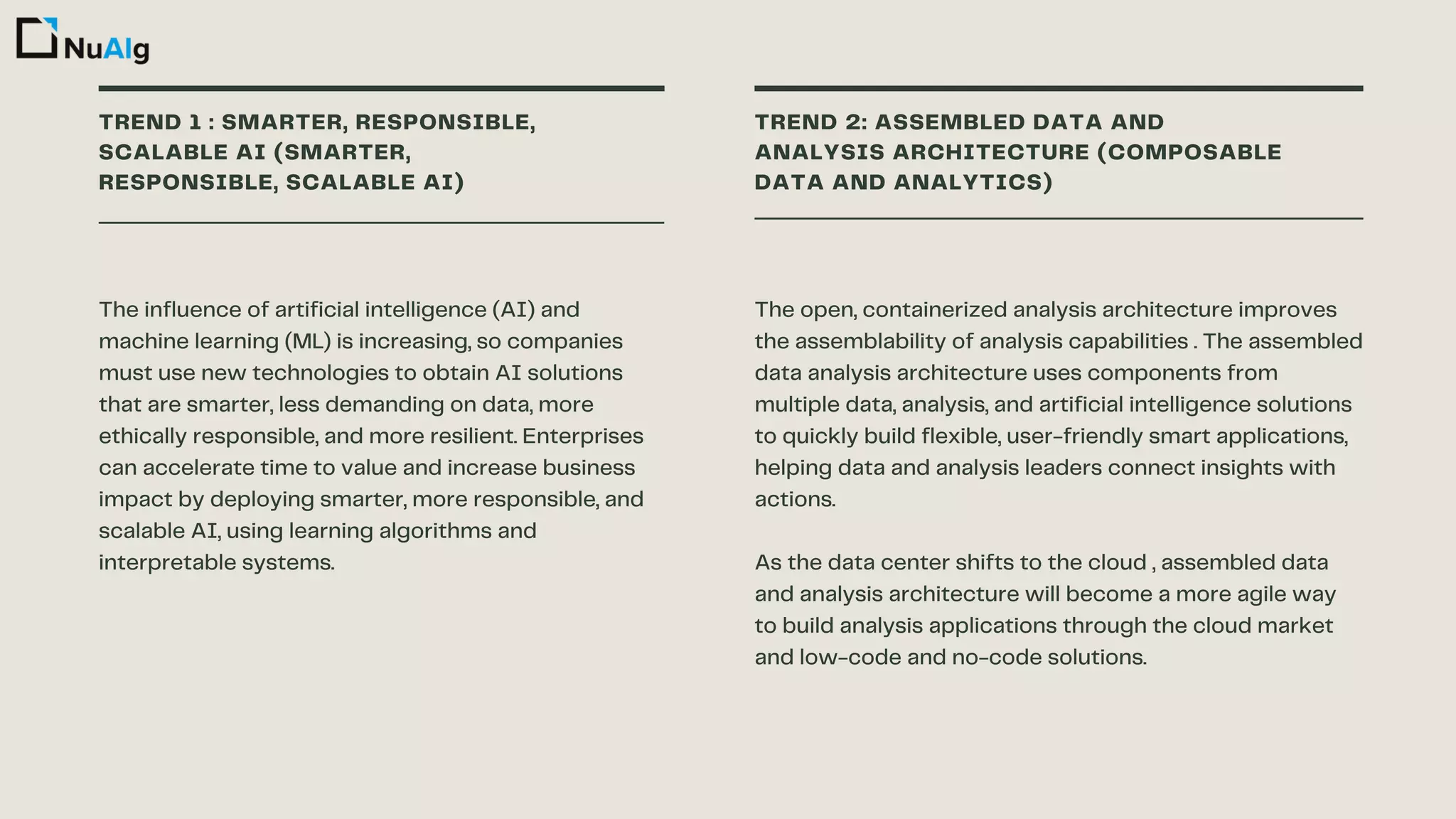The open, containerized analysis architecture improves
the assemblability of analysis capabilities . The assembled
data analysis architecture uses components from
multiple data, analysis, and artificial intelligence solutions
to quickly build flexible, user-friendly smart applications,
helping data and analysis leaders connect insights with
actions.
As the data center shifts to the cloud , assembled data
and analysis architecture will become a more agile way
to build analysis applications through the cloud market
and low-code and no-code solutions.
TREND 1 : SMARTER, RESPONSIBLE,
SCALABLE AI (SMARTER,
RESPONSIBLE, SCALABLE AI)
TREND 2: ASSEMBLED DATA AND
ANALYSIS ARCHITECTURE (COMPOSABLE
DATA AND ANALYTICS)
The influence of artificial intelligence (AI) and
machine learning (ML) is increasing, so companies
must use new technologies to obtain AI solutions
that are smarter, less demanding on data, more
ethically responsible, and more resilient. Enterprises
can accelerate time to value and increase business
impact by deploying smarter, more responsible, and
scalable AI, using learning algorithms and
interpretable systems.
 