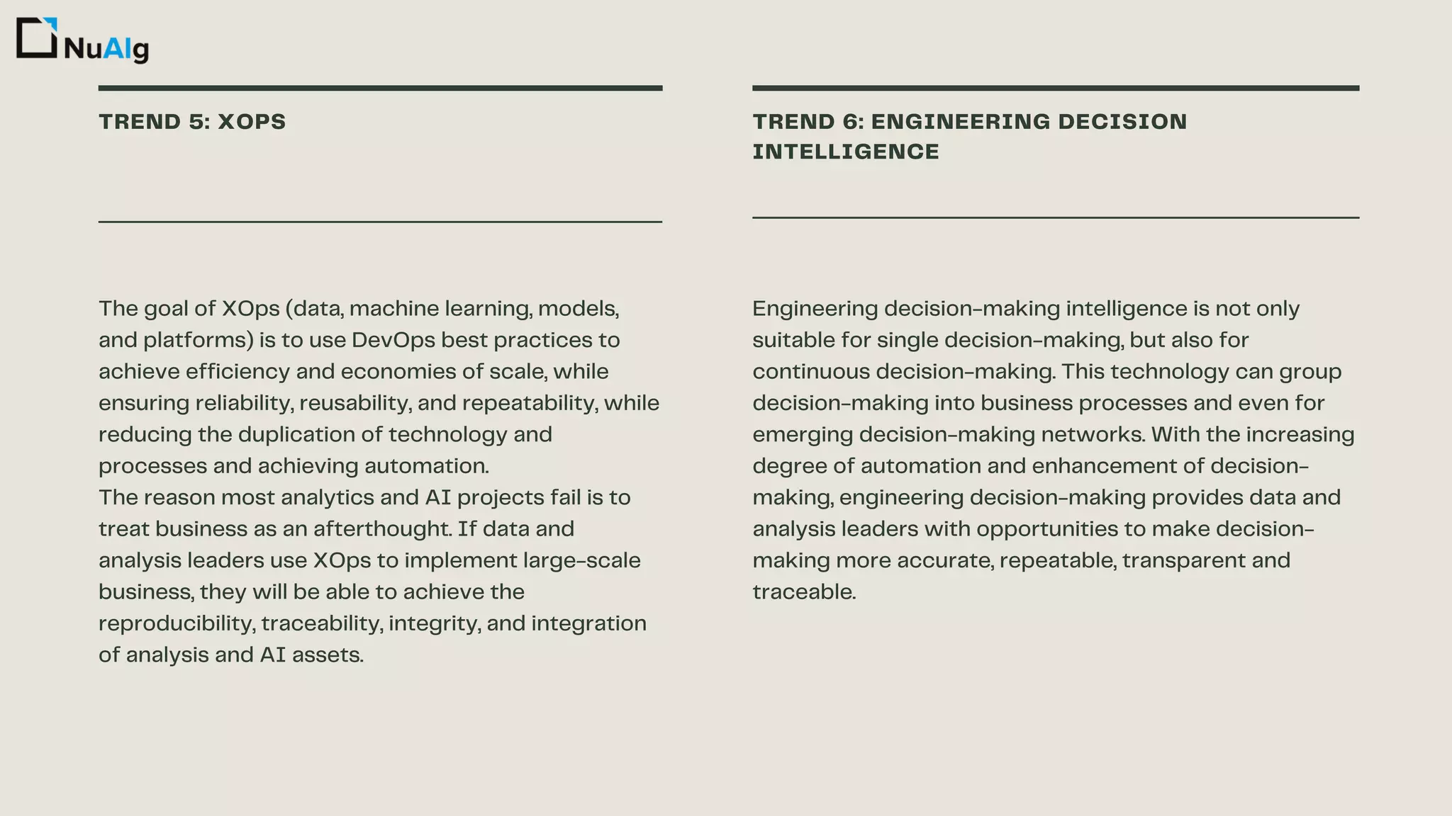 TREND 5: XOPS TREND 6: ENGINEERING DECISION
INTELLIGENCE
The goal of XOps (data, machine learning, models,
and platforms) is to use DevOps best practices to
achieve efficiency and economies of scale, while
ensuring reliability, reusability, and repeatability, while
reducing the duplication of technology and
processes and achieving automation.
The reason most analytics and AI projects fail is to
treat business as an afterthought. If data and
analysis leaders use XOps to implement large-scale
business, they will be able to achieve the
reproducibility, traceability, integrity, and integration
of analysis and AI assets.
Engineering decision-making intelligence is not only
suitable for single decision-making, but also for
continuous decision-making. This technology can group
decision-making into business processes and even for
emerging decision-making networks. With the increasing
degree of automation and enhancement of decision-
making, engineering decision-making provides data and
analysis leaders with opportunities to make decision-
making more accurate, repeatable, transparent and
traceable.
 