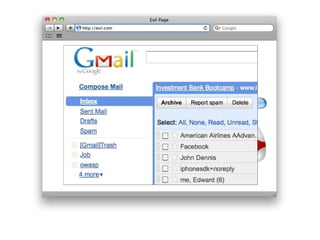 Solving Real World Access Control Problems
with the Apache Shiro
The Problem
The Problem
Web Application needs to secure access to aaspecific object
Web Application needs to secure access to specific object

The Solution
The Solution
int winnebagoId = request.getInt("winnebago_id");
int winnebagoId = request.getInt("winnebago_id");
if ( currentUser.isPermitted( "winnebago:drive:" + winnebagoId) ) {
if ( currentUser.isPermitted( "winnebago:drive:" + winnebagoId) ) {
log.info("You are permitted to 'drive' the 'winnebago’. Here are the keys.");
log.info("You are permitted to 'drive' the 'winnebago’. Here are the keys.");
} else {
} else {
log.info("Sorry, you aren't allowed to drive this winnebago!");
log.info("Sorry, you aren't allowed to drive this winnebago!");
}
}

 