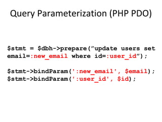 Anatomy of a SQL Injection Attack

$NEW_EMAIL = Request['new_email'];
update users set email='$NEW_EMAIL'
where id=132005;

 