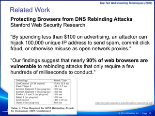 Top Ten Web Hacking Techniques (2009)

Related Work
Protecting Browsers from DNS Rebinding Attacks
Stanford Web Security R...